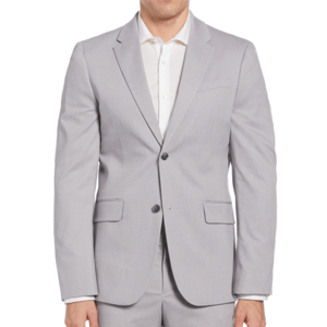 A man is wearing a light gray suit with a white dress shirt. The suit jacket features notched lapels, a two-button closure, and flap pockets.