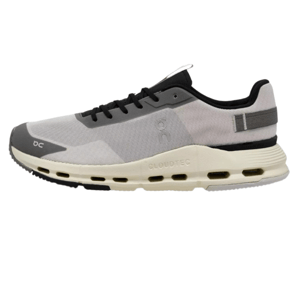 A sporty sneaker featuring a white and gray color scheme, mesh upper, black laces, and \“CLOUDTEC\“ cushioning technology.
