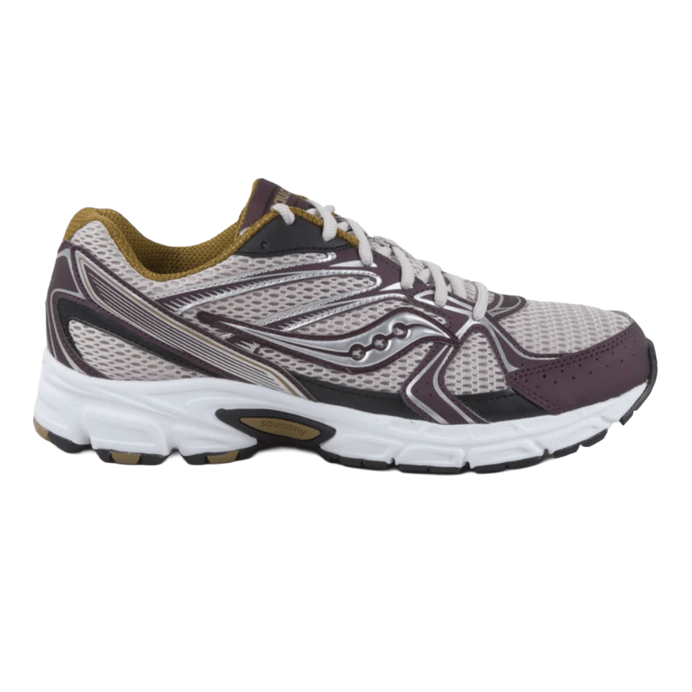 A Saucony running shoe with a mesh upper in gray and purple accents, featuring a white cushioned sole and lace-up design.