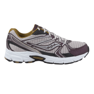 A Saucony running shoe with a mesh upper in gray and purple accents, featuring a white cushioned sole and lace-up design.