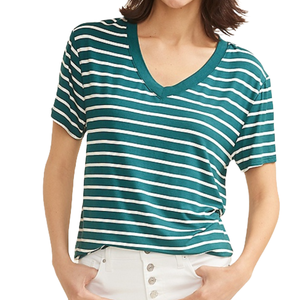 Teal and white striped short-sleeve V-neck shirt, paired with white button-front pants.