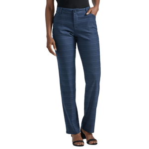 Blue straight-leg pants with a subtle horizontal stripe pattern worn by a model in black high heels and a sleeveless top.