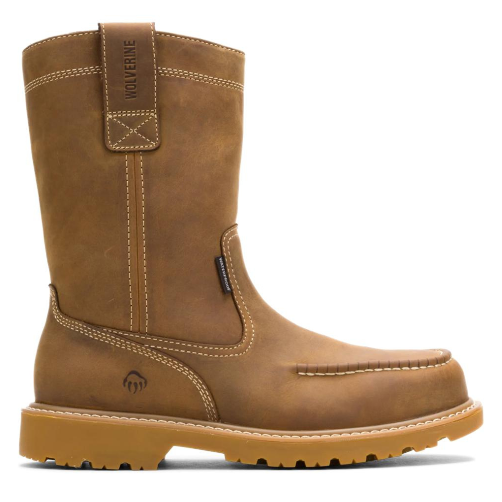 A tan pull-on work boot with a rugged rubber sole and visible stitching, featuring the brand \“Wolverine\“ on the side.
