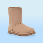 A tan suede mid-calf boot with a flat sole and visible stitching, featuring a cozy fleece lining.