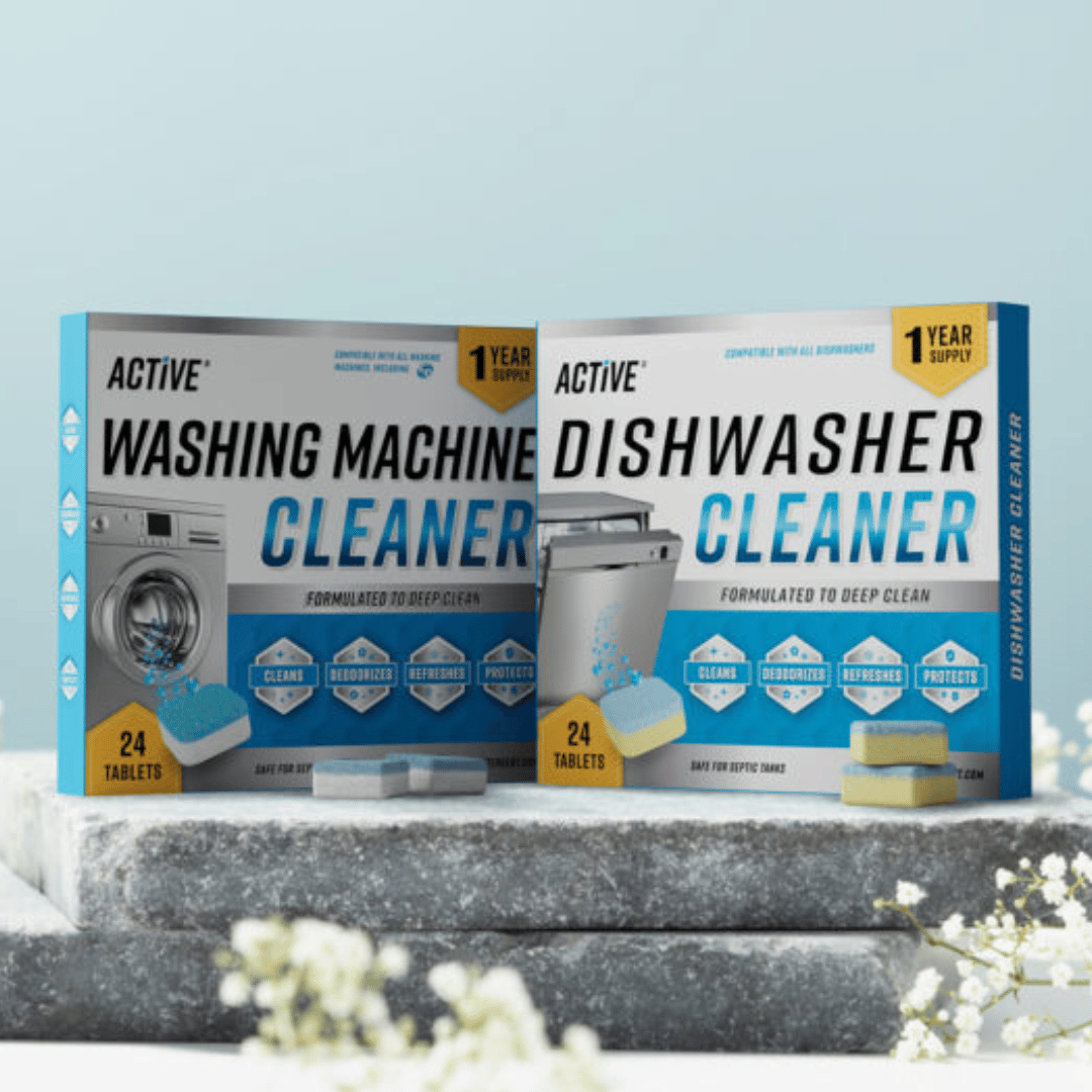 ACTIVE Washing Machine and Dishwasher Cleaner boxes, each containing 24 tablets, are designed for deep cleaning, deodorizing, refreshing, and protecting appliances.