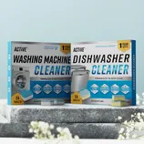 ACTIVE Washing Machine and Dishwasher Cleaner boxes, each containing 24 tablets, are designed for deep cleaning, deodorizing, refreshing, and protecting appliances.