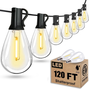 LED outdoor string lights featuring shatterproof bulbs with a warm glow, stretch over 120 feet. They are designed for durability with an IP65 waterproof rating. A box shows extra bulbs and certification markings.