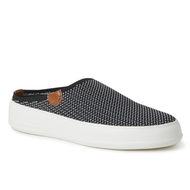 Black and white knit clog sneakers with a slip-on design, featuring a thick white sole and brown leather accents on the sides.