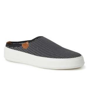 Black and white knit clog sneakers with a slip-on design, featuring a thick white sole and brown leather accents on the sides.