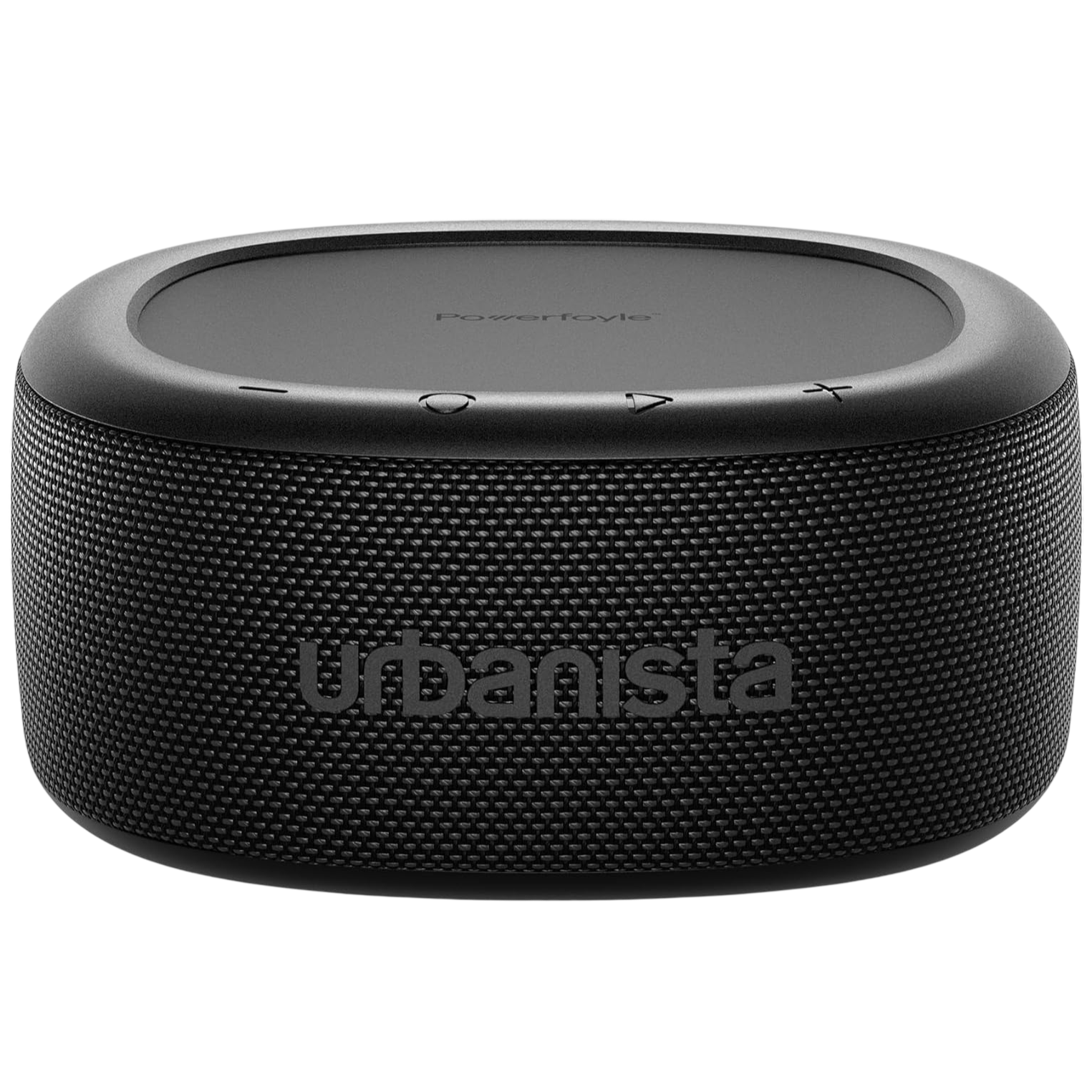 Urbanista portable Bluetooth speaker with a mesh grille design, featuring control buttons for volume and playback on top.