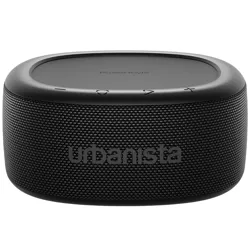 Urbanista portable Bluetooth speaker with a mesh grille design, featuring control buttons for volume and playback on top.