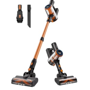 Cordless vacuum cleaner with a digital display and two attachments: a brush and a crevice tool. Features an orange and black design with a flexible wand for easy maneuverability.