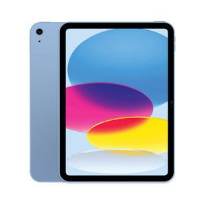A blue tablet with a camera on the back, displaying colorful abstract shapes on its screen.