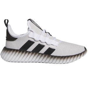A white Adidas sneaker featuring a ribbed sole and three black stripes on the side, with a pull tab on the heel and a mesh upper design.