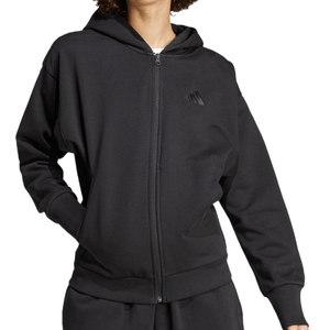 A black zip-up hoodie with a subtle logo on the chest, featuring a loose fit and front pockets.