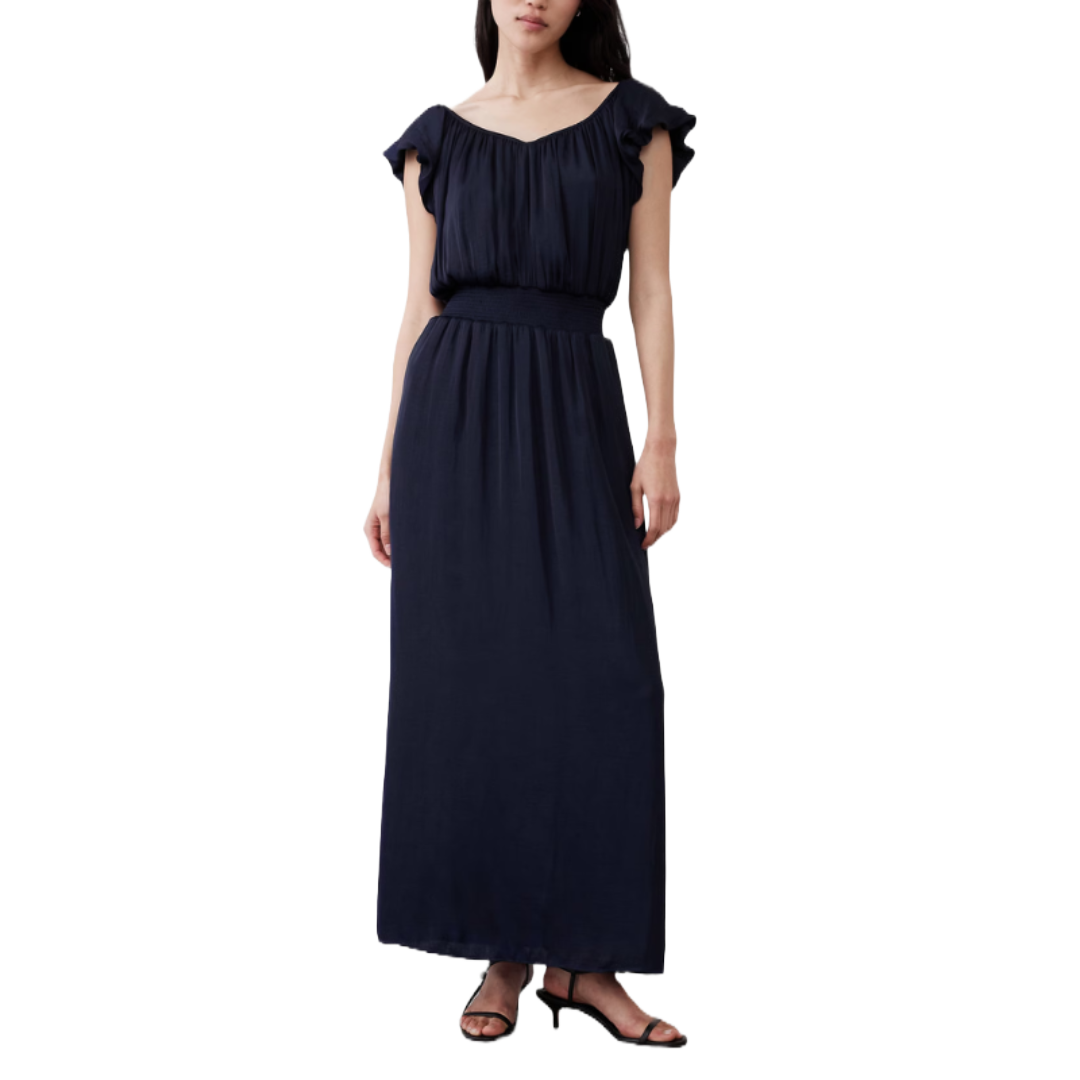 Navy blue maxi dress with a smocked waist and a flowy, gathered bodice featuring cap sleeves and a V-neckline. Paired with black heeled sandals.