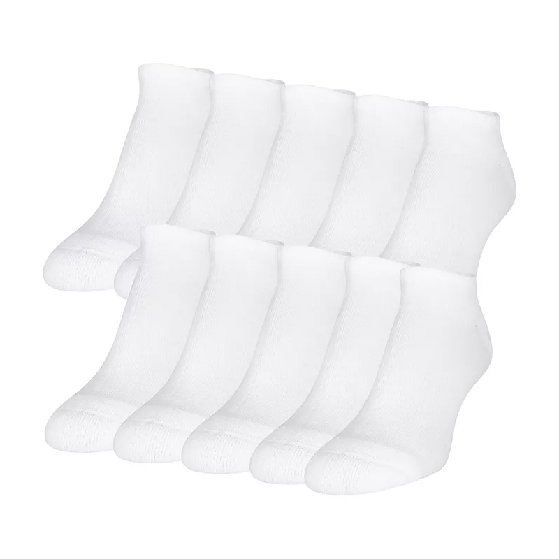 A set of ten plain white ankle socks are neatly arranged in two rows, offering a simple and classic design.