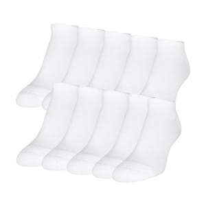 A set of ten plain white ankle socks are neatly arranged in two rows, offering a simple and classic design.
