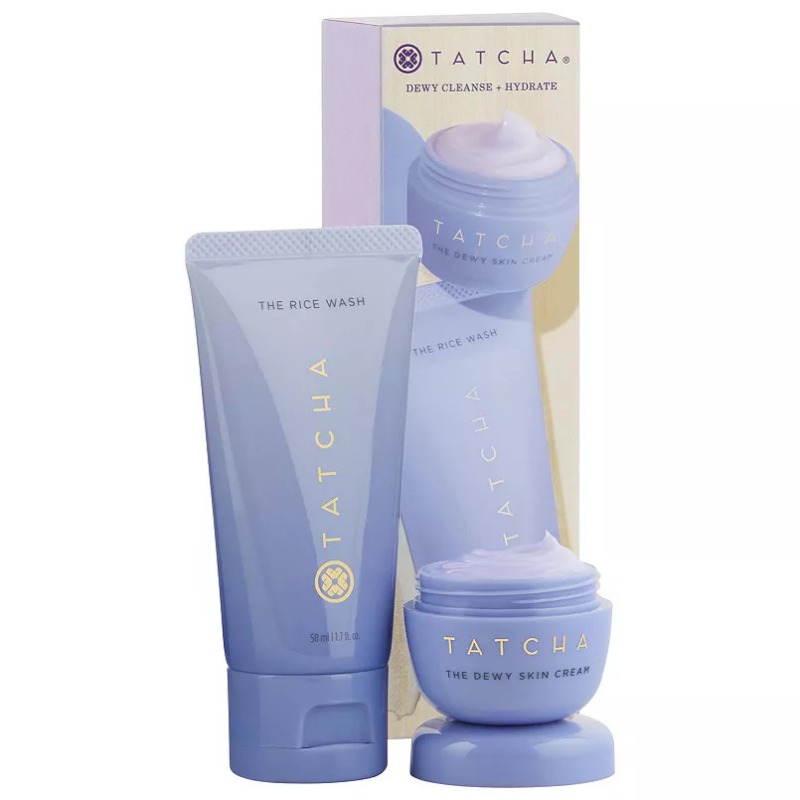 The Tatcha Cleanse + Hydrate Duo includes \“The Rice Wash\“ and \“The Dewy Skin Cream.\“ These products are designed for cleansing and hydrating the skin.
