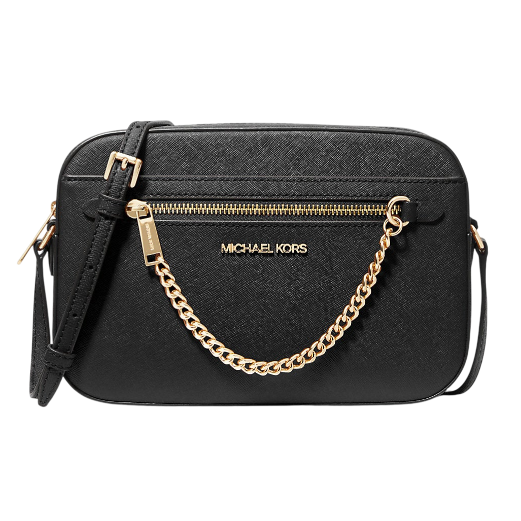 A black Michael Kors crossbody bag features gold-tone hardware, a front zippered pocket, and a chain strap detail.