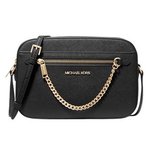 A black Michael Kors crossbody bag features gold-tone hardware, a front zippered pocket, and a chain strap detail.