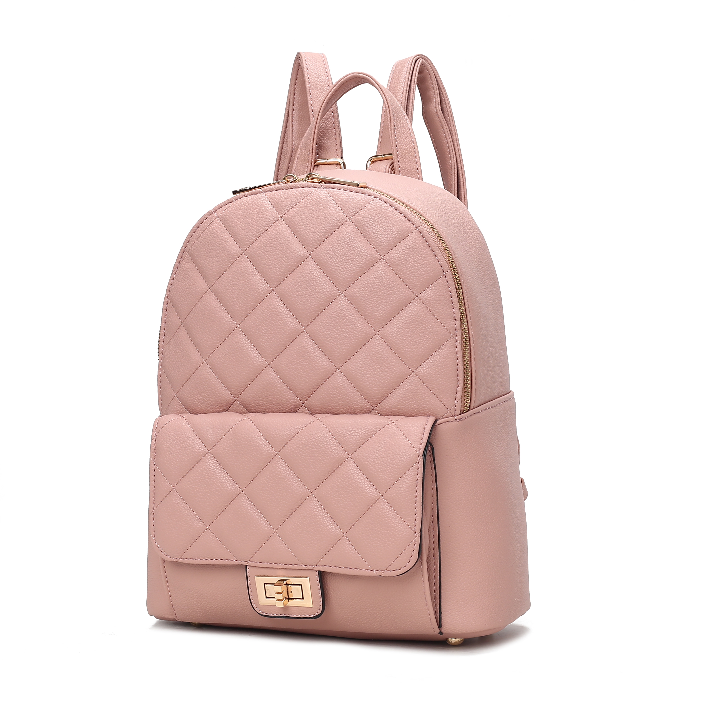Pink quilted leather backpack with a front flap and gold-tone clasp.