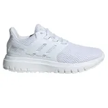 A white athletic sneaker with a mesh upper, featuring three side stripes and a cushioned sole.
