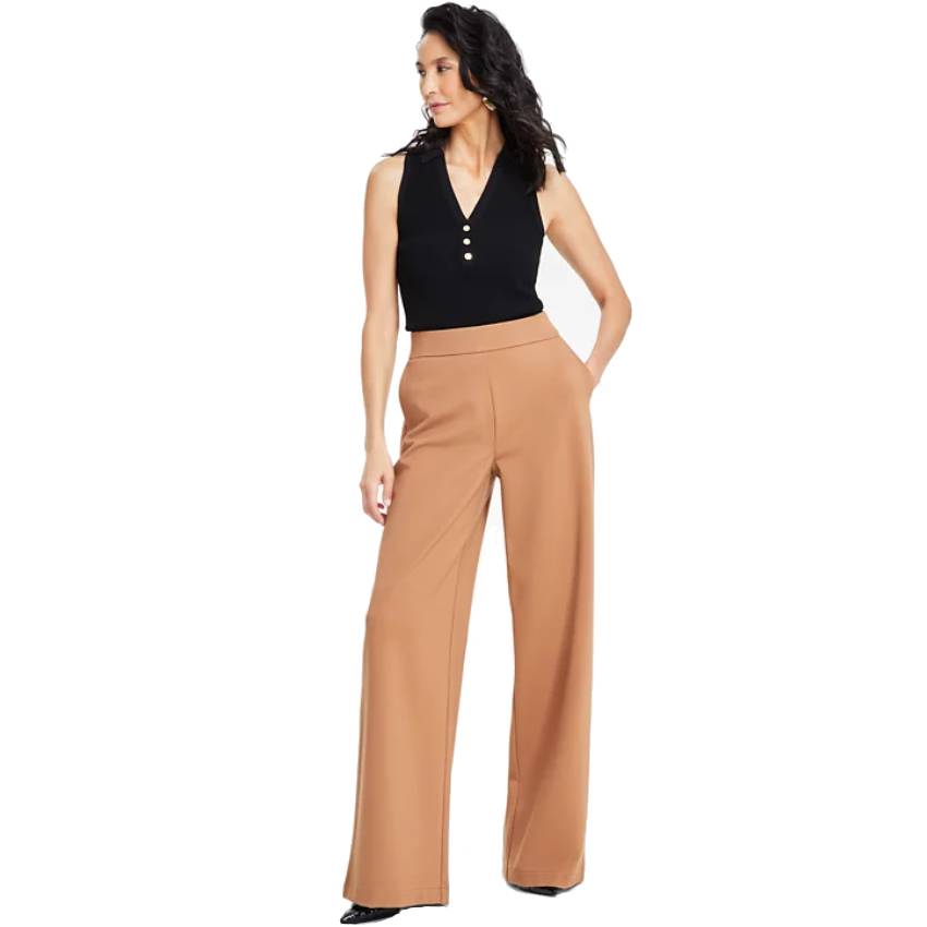 INC High-Rise Wide-Leg Pants feature a camel color with a tailored fit and a wide-leg silhouette, offering a stylish, professional look.