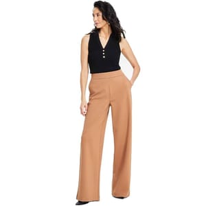 INC High-Rise Wide-Leg Pants feature a camel color with a tailored fit and a wide-leg silhouette, offering a stylish, professional look.