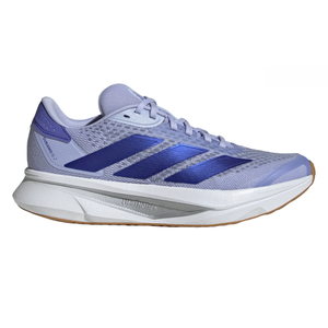 Adidas Women's Duramo SL 2 Shoes are lightweight running sneakers featuring a light purple mesh upper with reflective blue stripes, a cushioned white midsole labeled \“LIGHTMOTION,\“ and a gum rubber outsole for traction.