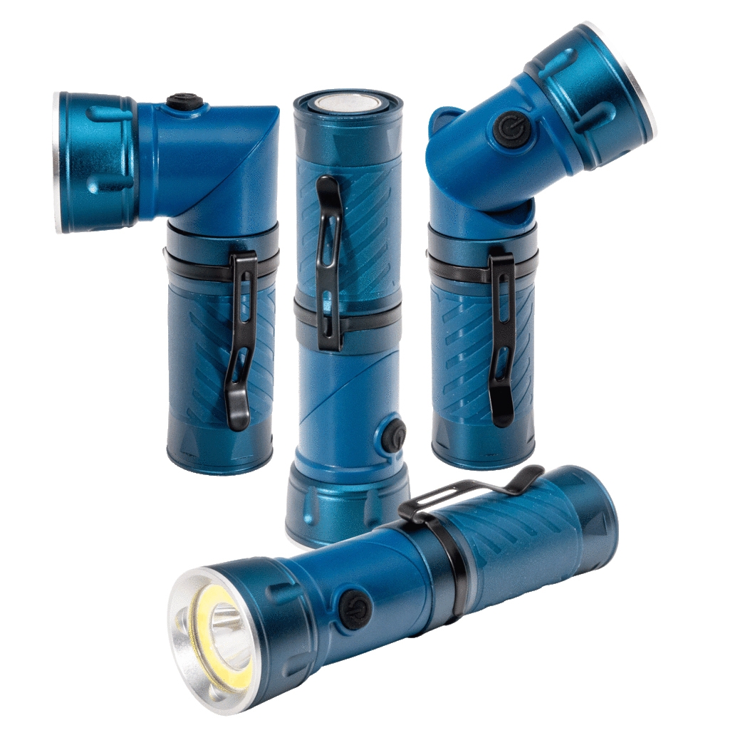 Four blue aluminum flashlights with rotatable heads and black clips, featuring side buttons for operation. Each flashlight has a textured grip for easy handling.