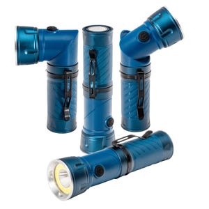 Four blue aluminum flashlights with rotatable heads and black clips, featuring side buttons for operation. Each flashlight has a textured grip for easy handling.
