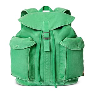 A green canvas backpack with two front pockets, a flap cover, and a buckle closure.