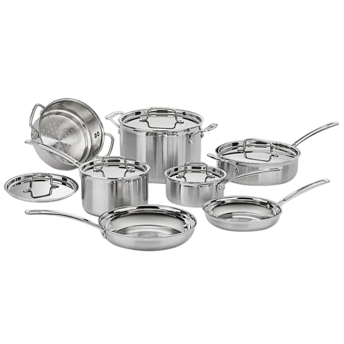 A 10-piece stainless steel cookware set includes pots, pans, and a steamer insert with matching lids, suitable for various cooking needs.