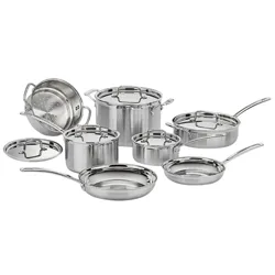 A 10-piece stainless steel cookware set includes pots, pans, and a steamer insert with matching lids, suitable for various cooking needs.