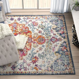 A multicolored area rug with a vintage-inspired design and a distressed finish, featuring vibrant hues and intricate patterns.