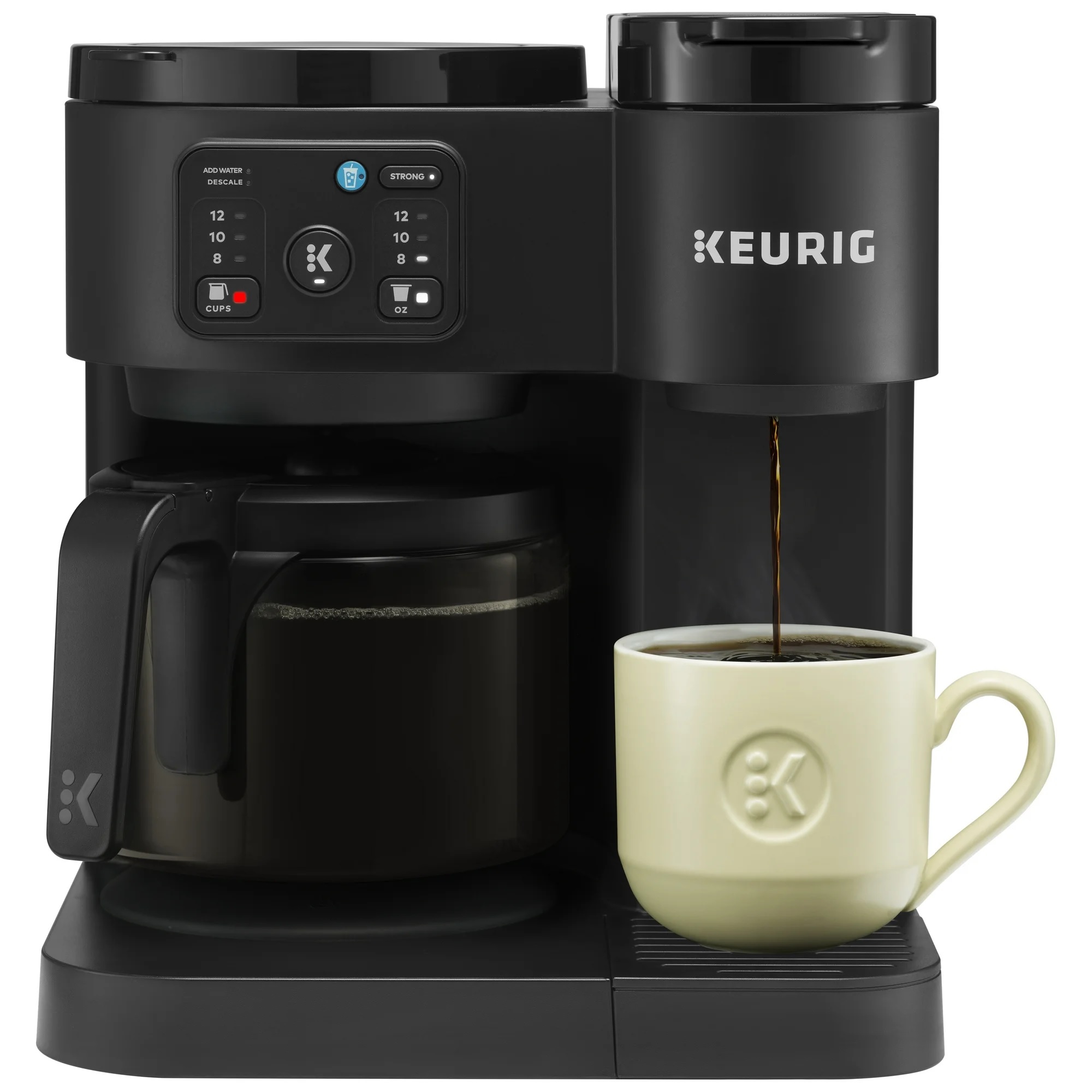 A Keurig K-Duo coffee maker with dual functionality for single-serve and carafe brewing, featuring a digital control interface on the left and a coffee pot on the right.