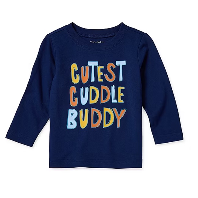 Navy blue long-sleeve shirt with colorful text reading \“Cutest Cuddle Buddy.\“