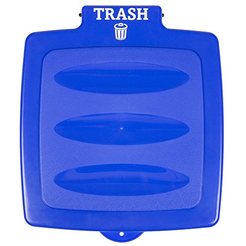 Blue trash can lid with the word \“TRASH\“ and a trash bin icon at the top, featuring three horizontal slots.