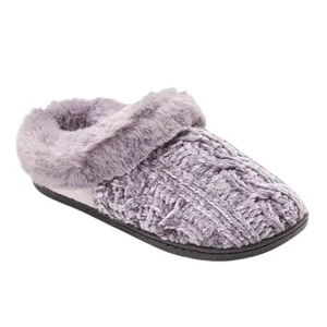 A purple slipper with a faux fur lining and textured fabric exterior, featuring a black sole.