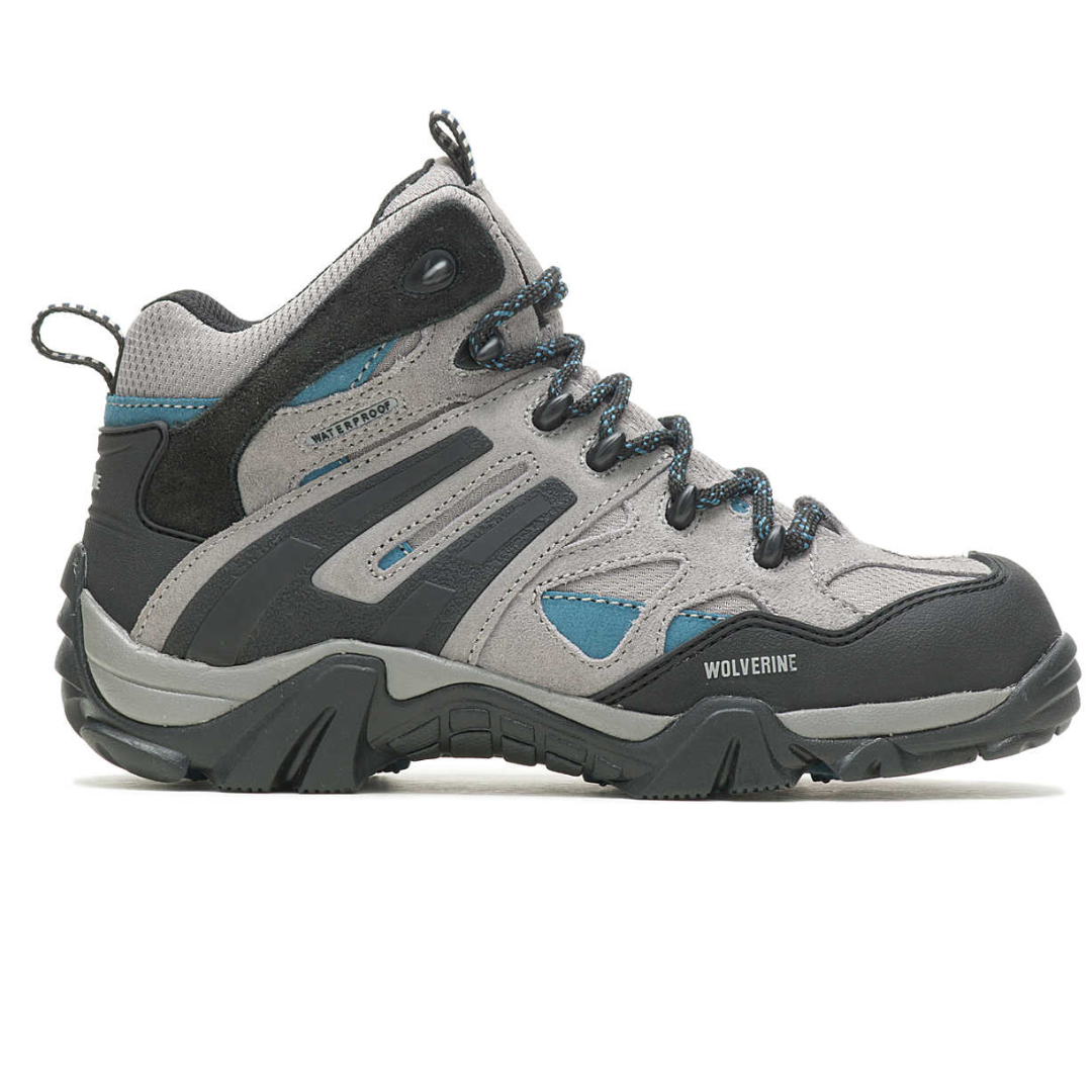 A grey and black hiking boot with blue accents and a waterproof label.