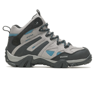 A grey and black hiking boot with blue accents and a waterproof label.