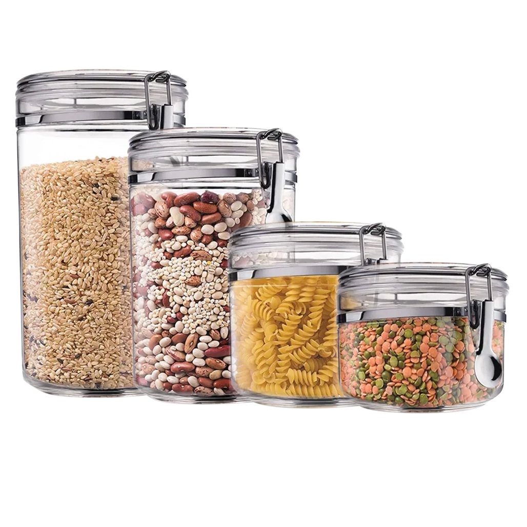 Set of four transparent food storage jars with metal locking lids, containing grains, mixed beans, pasta, and lentils, in various sizes.