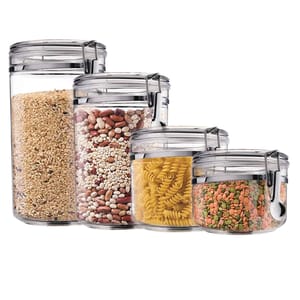 Set of four transparent food storage jars with metal locking lids, containing grains, mixed beans, pasta, and lentils, in various sizes.