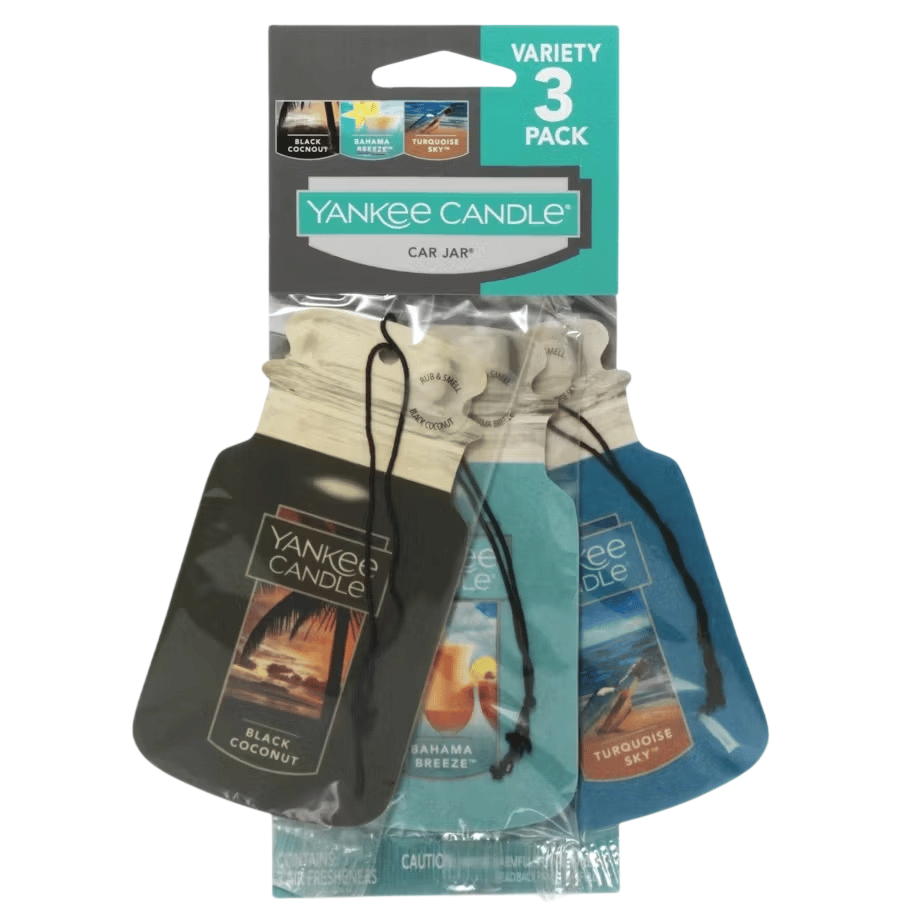 Yankee Candle Car Jar air fresheners, variety 3-pack, includes Black Coconut, Bahama Breeze, and Turquoise Sky scents.