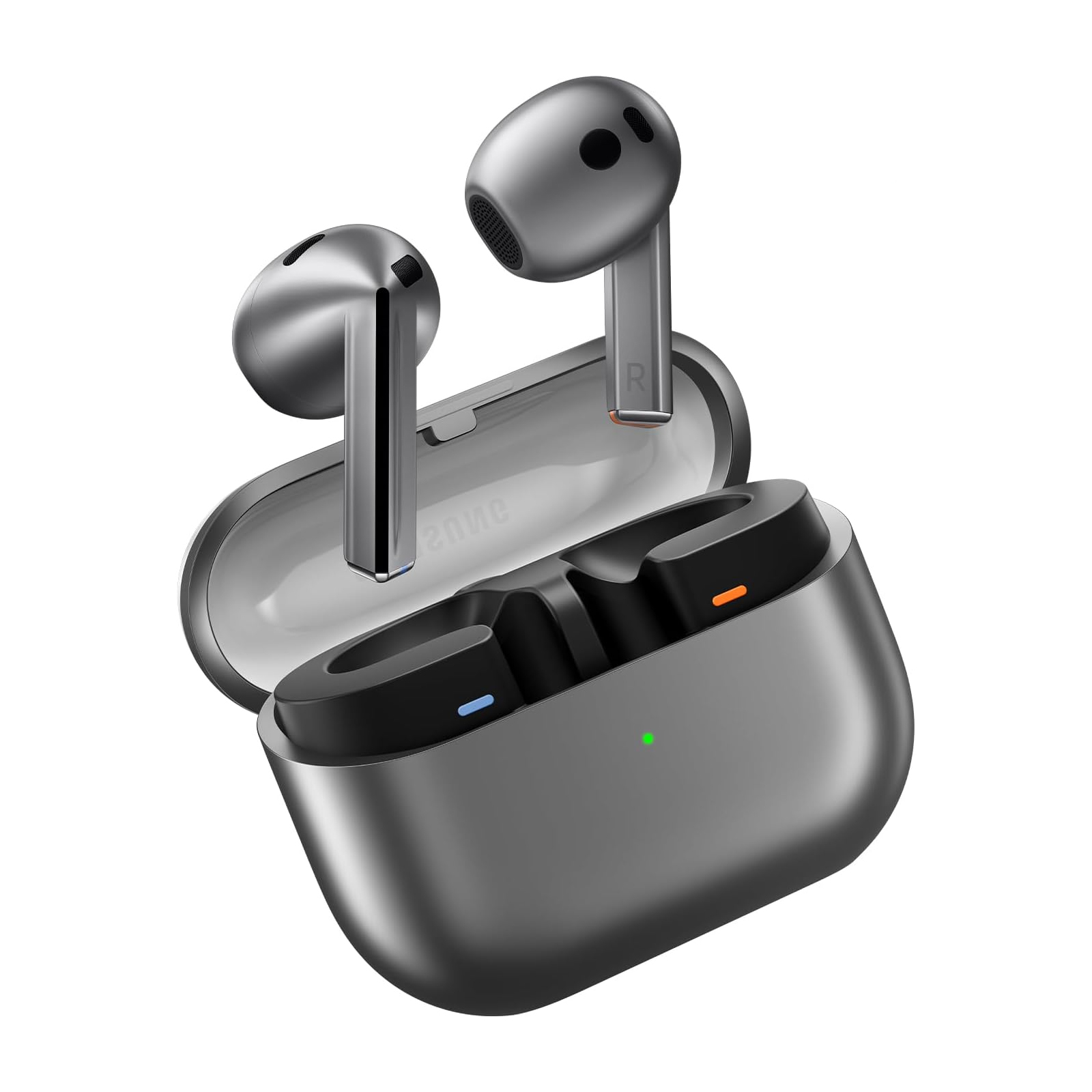 Samsung Galaxy Buds3 in metallic gray with an open charging case. The earbuds feature a sleek, stemmed design with visible microphones for noise cancellation.