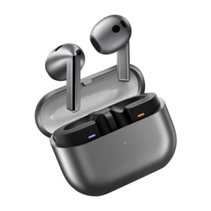Samsung Galaxy Buds3 in metallic gray with an open charging case. The earbuds feature a sleek, stemmed design with visible microphones for noise cancellation.