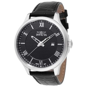 Invicta wristwatch with a black face, Roman numerals, date display, and silver hands, featuring a black leather strap.