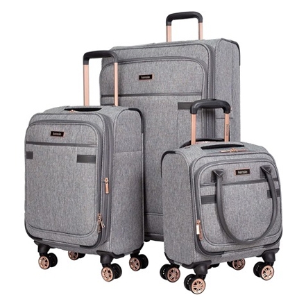 A set of three grey suitcases with wheels and retractable handles, in small, medium, and large sizes.