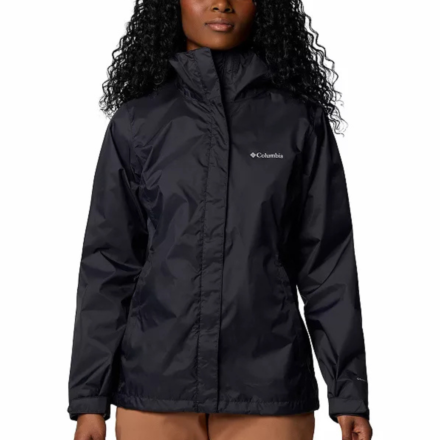 The Columbia Arcadia II Jacket is a waterproof, breathable rain jacket with adjustable features. It's black with a high collar and the Columbia logo on the chest, designed for outdoor activities.